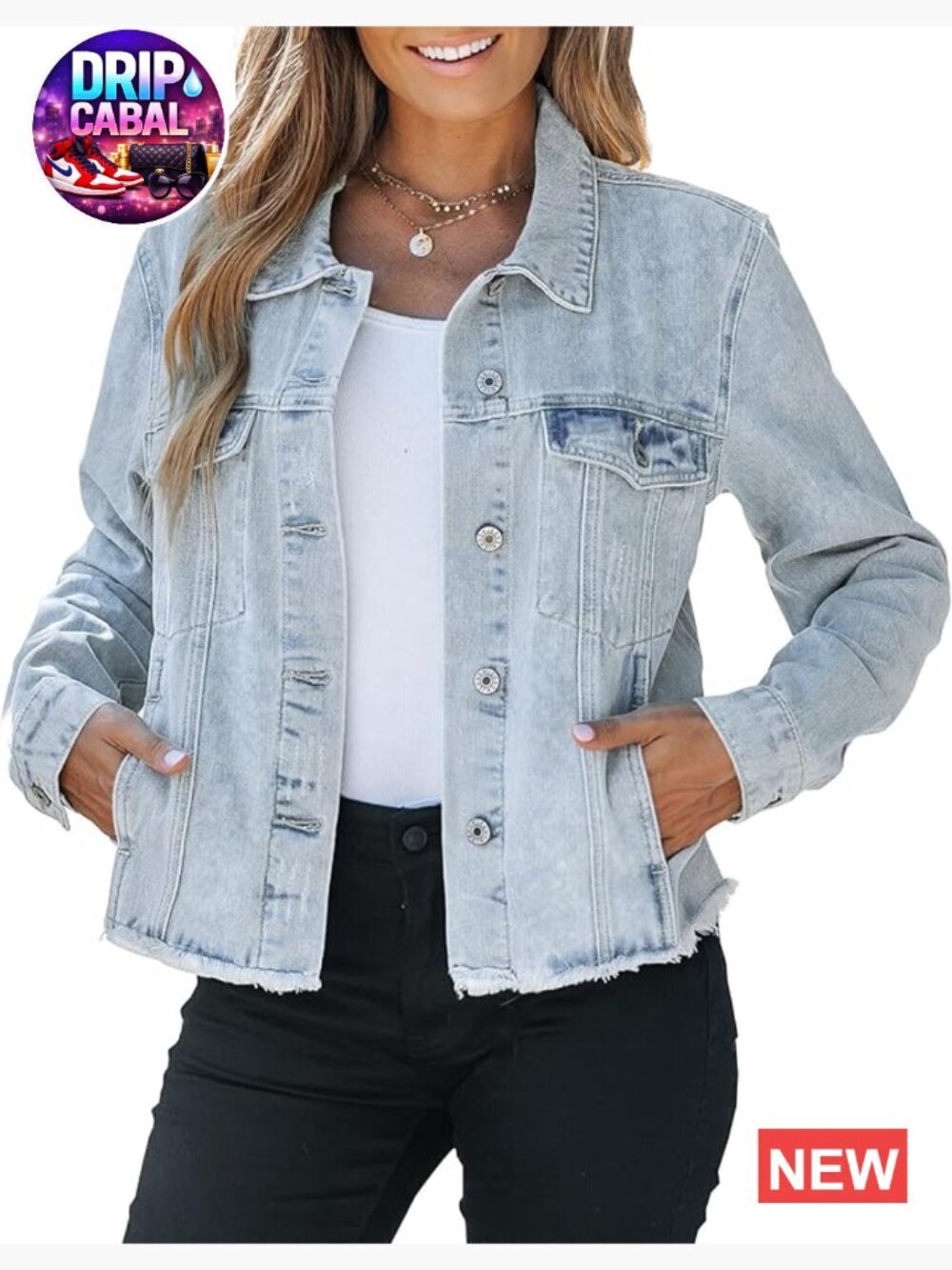 Button Down Long Sleeve Distressed Frayed Hem Trucker Denim Jacket with Pockets